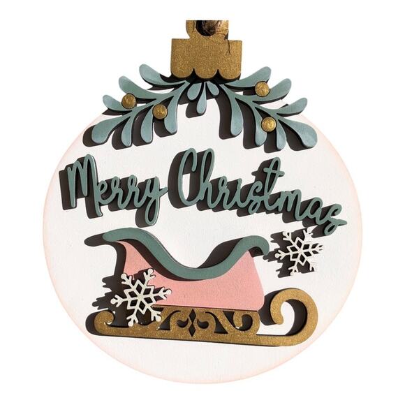 Whimsical  Merry Christmas Holly Snowflake Sled Ornament Hand Painted Wood - Picture 1 of 9